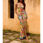 Halter Pattern Print Long Dress - Sheath Fit