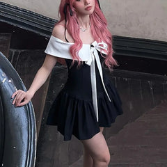 Bow Lace-up Black Off Shoulder Mini Dress