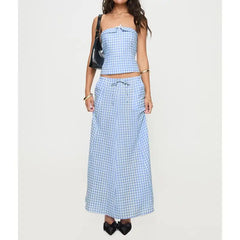 Blue Plaid Tube Top And Long Skirt Set
