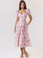 Pink Puff Sleeve Floral Print Midi Dress