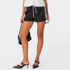 Y2K Loose Fit Striped Drawstring Shorts - Black with White Accents