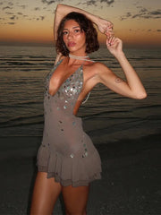 Grey Halter Bead Sequin Mesh Mini Dress