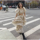 Polka Dot Bubble Sleeve Top And Ruffles Maxi Skirt Set