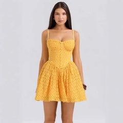 Yellow Jacquard Bustier Strap Mini Dress