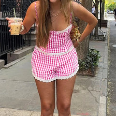 Plaid Lace Trim Bustier Crop Top And Shorts Set