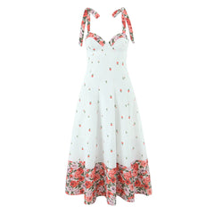 White Printed Patchwork Tie-Up Maxi Dress - Vintage Fit & Flare