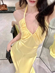 Yellow Satin Back Tie Up Maxi Dress