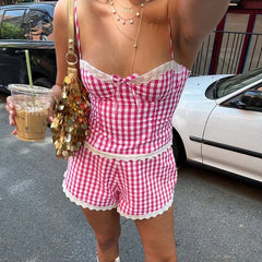 Plaid Lace Trim Bustier Crop Top And Shorts Set