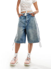 Trendy Loose Fit Denim Capri Shorts - White Side Stripes