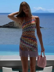 Rainbow Stripe Fringe Halter Beach Mini Dress