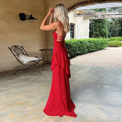 Red Ruffled Maxi Dress �Lace-Up Strappy Back