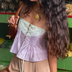 Lace Trim Front Button Up Crop Top