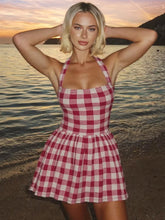 Red Halter Plaid Print Mini Dress