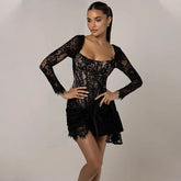 Black Long Sleeve Lace Bodycon Drape Mini Dress