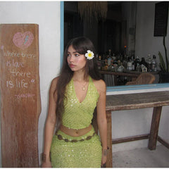 Green Sequin V-neck Halter Tie And Midi Skirt Set