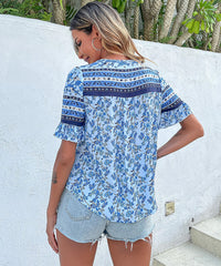 Tassel Tie Neck Floral Print Lace Trim Blouse