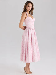 Pink Floral Print Braided A-line Midi Dress