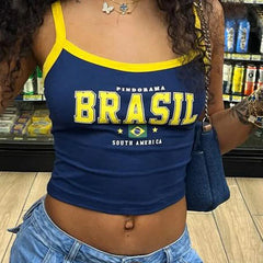 Blue Brasil Print Flag Cami Crop Top - Regular Fit