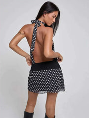 Black Polka Dot Mini Dress �Open Back Tie Up Halter