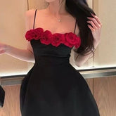 Black Cami 3D Red Flower Mini Dress