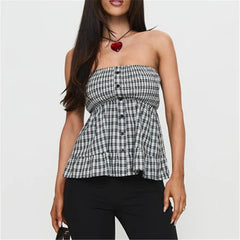Black Plaid Strapless Peplum Top
