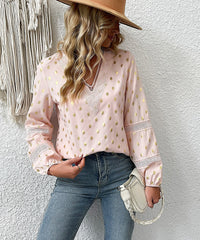 Gold Dot Print Lace Trim V neck Blouse