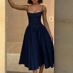 Solid Spaghetti Strap Bustier Pleated Midi Dress