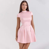 Pink Satin Mini Dress �Back Cutout & Flare Fit
