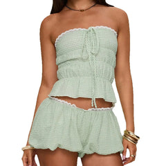 Green Bandeau Tube Top & Shorts Set - Casual Plaid
