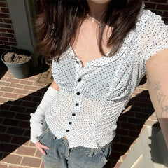 Sheer Polka Dot Button Up Blouse Top