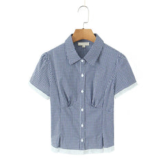 Plaid Short Sleeve Lapel Collar Top