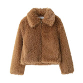 Brown Furry Turn Down Collar Long Sleeve Jacket