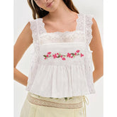 Lace Patchwork Square Neck Flower Embroidery Side Tied Top