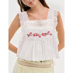 Lace Patchwork Square Neck Flower Embroidery Side Tied Top