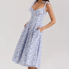 Blue Printed Midi Tie Up Dress