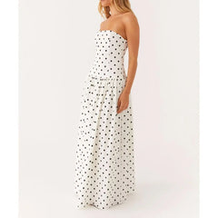 Strapless Dot/Floral Print Pleated Tube Long Dress - A-Line Fit
