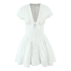 White Bow Deep V Neck Short Sleeve Mini Dress