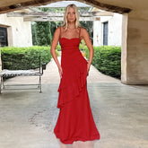Red Ruffled Maxi Dress �Lace-Up Strappy Back