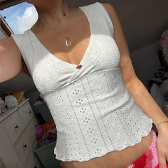 White Ribbed V-neck Top