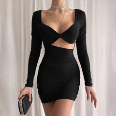 Black Hollow Out Ruched Bag Hip Bodycon Mini Solid Color Long Sleeve Pleated Party Dress