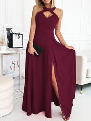 Hanging Neck Solid Long Dress