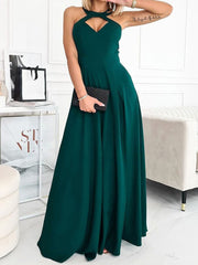 Hanging Neck Solid Long Dress