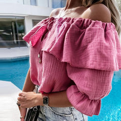 Off Shoulder Ruffles Blouse Shirts Color Lace Up Tops Pullovers Casual Loose Blusa