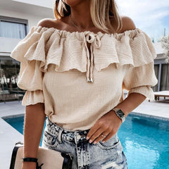 Off Shoulder Ruffles Blouse Shirts Color Lace Up Tops Pullovers Casual Loose Blusa
