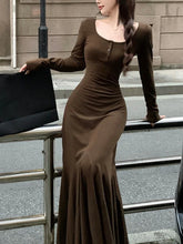 Solid Long Sleeve U neck Mermaid Spring Bodycon Dress