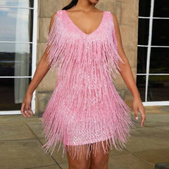 V Neck Tassel Mini Elegant Sleeveless Sequin New Ladies Summer Night Club Cami Fringe Dress