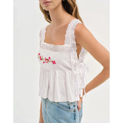 Lace Patchwork Square Neck Flower Embroidery Side Tied Top