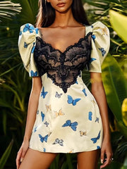 Yellow Butterfly Print Puff Sleeve Lace Trim Mini Dress