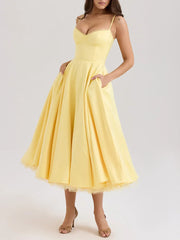 Yellow Satin Tulle Bustier Maxi Dress