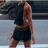 Open Back Beading Halter Crop Top And Mini Skirt Set